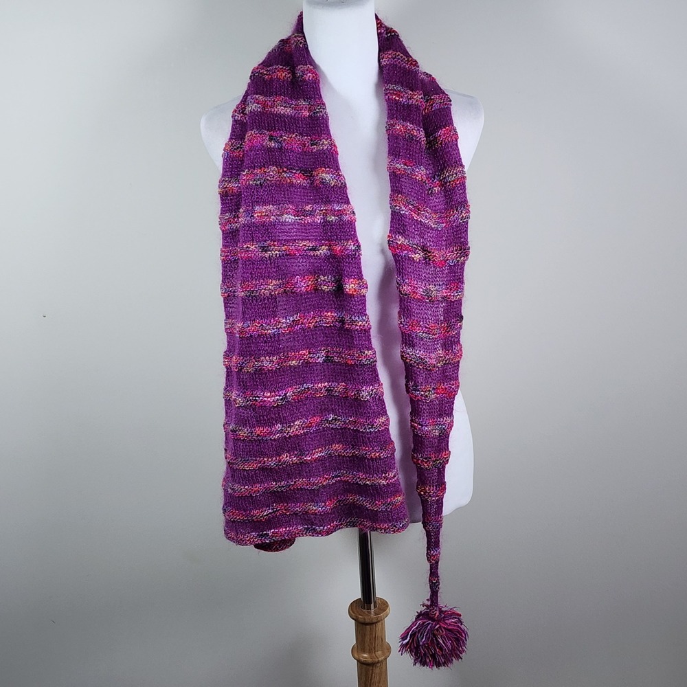 Hand Knit Scarf Purple Striped Tassel Pom Pom‎ Boho Artsy Indie Handmade Winter